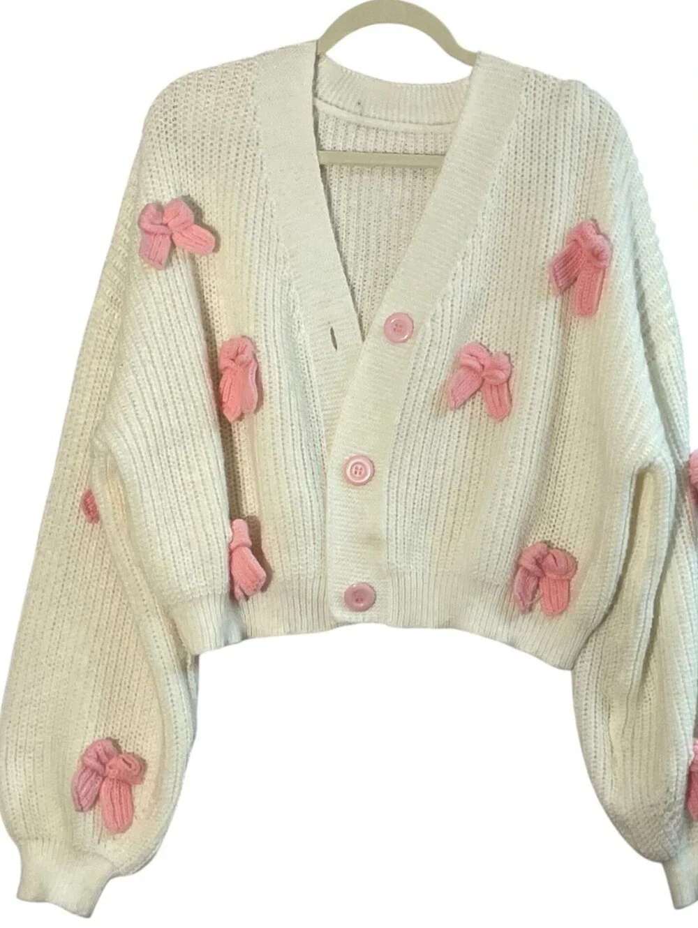 Oversized Cropped Bow Pink Cardigan Coquette Balletcore Romantic Ivory Unbranded